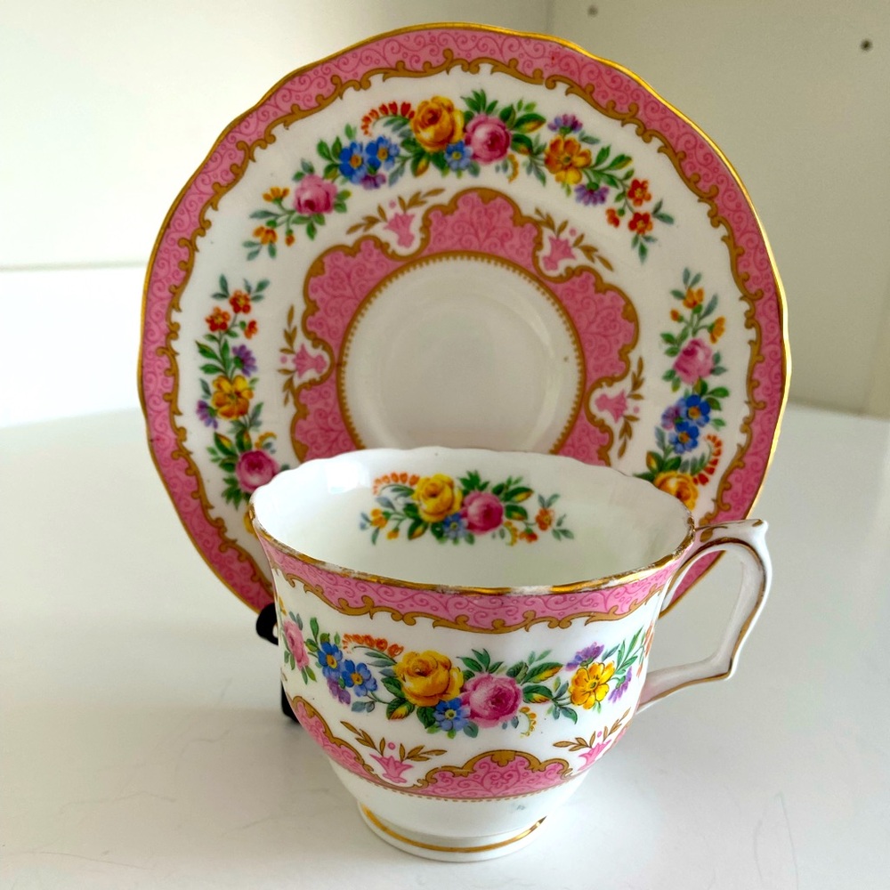 Rare Vtg Crown Staffordshire Bone China Teacup and Saucer Pink and Floral Sprays